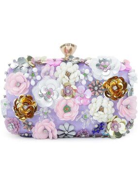 Women Purple Clutches Top Flower Chain Strap Evening Handbag Shoulder Bag